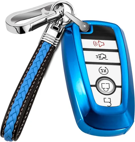Vista 7 de Funda de llavero para Ford, funda de piel auténtica con llavero para Ford, Azul