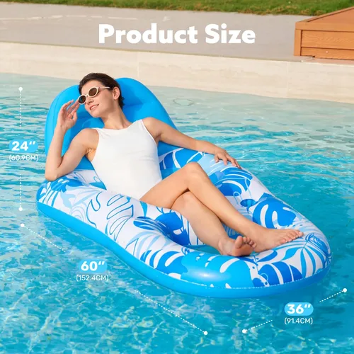 Vista 5 de Sloosh Flotadores inflables para piscina, tumbona para adultos, flotador de piscina flotante, silla reclinable flotante con portavasos y reposapiés