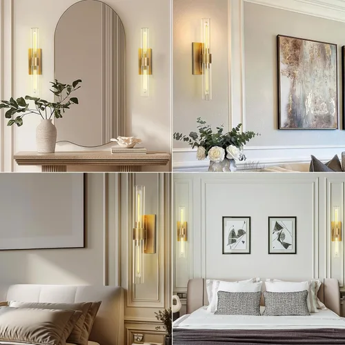 Vista 7 de Apliques de pared modernos de latón y vidrio, luces de tocador de 24 pulgadas para baño, 2 luces, aplique de pared lineal horizontal o vertical