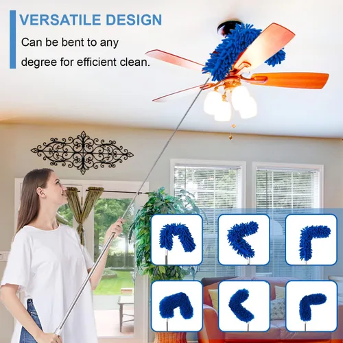 Vista 6 de Plumeros mejorados para limpieza (6 unidades), plumero de ventilador de techo con poste de extensión grueso de 100 pulgadas, plumero de microfibra
