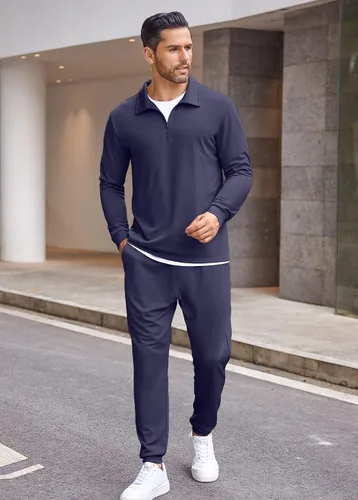 Vista 2 de COOFANDY Conjunto deportivo deportivo de 2 piezas para hombre, con cremallera de un cuarto