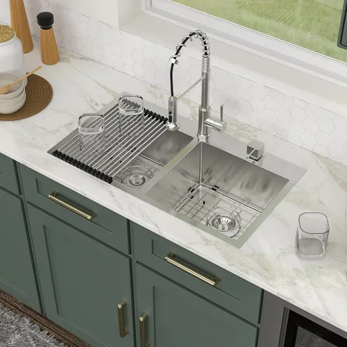 Vista 2 de Logmey - Fregadero de cocina de 32 pulgadas con doble tazón de montaje superior - Fregadero de cocina de acero inoxidable hecho a mano de 32 x 18
