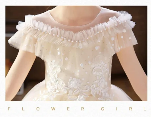 Vista 6 de Vestido de niña de las flores, adorno de encaje, tul con perlas, vestido de princesa para primera comunión, bautismo, boda, vestido de fiesta