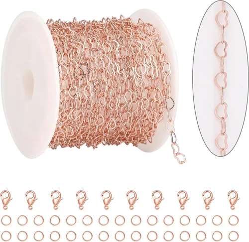 Vista 9 de KYUNHOO Cadenas de corazón chapadas en oro de 18 quilates de 16.4 ft de latón macizo a granel, cadena de collar de corazón para mujer, pulsera