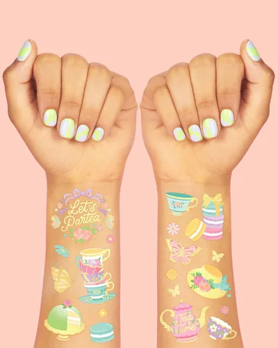 Vista 3 de xo, Fetti Tatuajes temporales para fiesta de té - 48 estilos de purpurina Suministros para fiesta de cumpleaños Partea, tetera de té, cupcakes