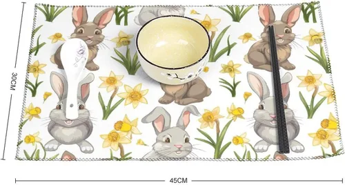 Vista 2 de Beautiful Flowers Bunny Placemats Set of 6 Resistant Table Mats Washable Place Mats for Dinner Party Table Decoration