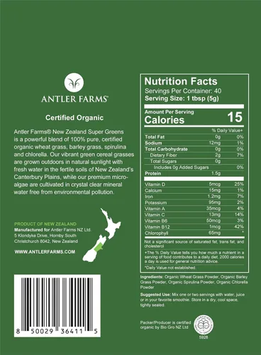 Vista 2 de Antler Farms - Polvo 100% puro orgánico de Nueva Zelanda Super Greens, 40 porciones, 7.05 oz - Hierba de trigo, cebada, clorella, espirulina
