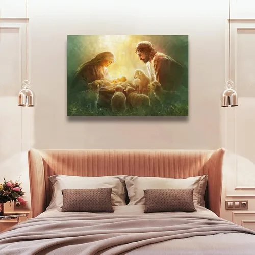 Vista 6 de FUZ María y José mirando al recién nacido Jesús Póster artístico en lienzo y arte para pared, impresión moderna, para dormitorio familiar, pósteres