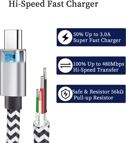 Vista 7 de QQLIKE Cable USB C, paquete de 5 (6 pies) cable trenzado de nailon tipo C de carga rápida 3A