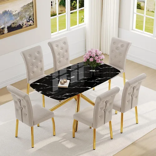 Vista 28 de Juego de mesa de comedor moderna para mesa de comedor negra de 4,63 pulgadas, juego de 4 con patas de metal dorado, mesa de cocina rectangular