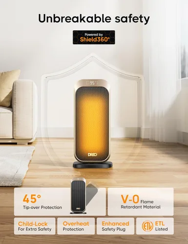Vista 5 de DREO Calentadores de espacio para uso en interiores, calentador eléctrico portátil de 1500 W con control remoto y termostato, cerámica PTC, calor