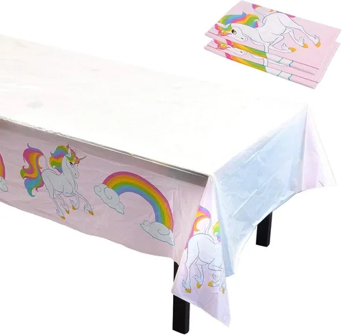 Vista 4 de BLUE PANDA Manteles de unicornio – Paquete de 3, 54 x 108 pulgadas, desechables de plástico rectangular rosa y blanco, decoración de cumpleaños