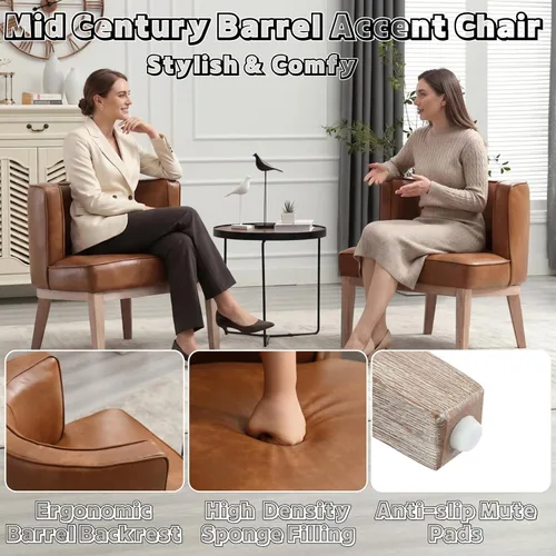 Vista 6 de BESTANO Silla decorativa con brazos de barril con patas de madera, cómoda silla lateral redonda de cuero marrón, sillas de lectura tapizadas