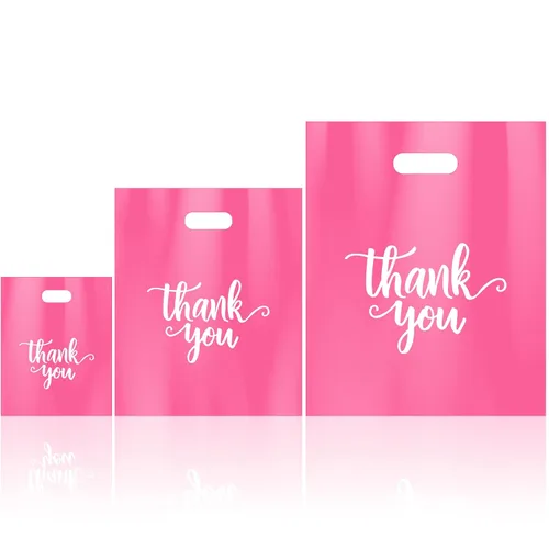 Vista 12 de 200 bolsas de plástico de agradecimiento con asas, bolsas de plástico troqueladas, bolsas de mercancía de compras a granel, 3 tamaños, paquete