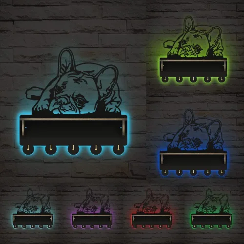 Vista 3 de The Geeky Days Soporte luminoso para medallas de Bulldog Francés, colgador de trofeos con estante de exhibición, letrero de luz de neón que brilla