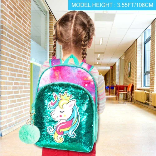 Vista 2 de 3 mochilas de unicornio para niñas, 16 pulgadas, con lentejuelas, con lonchera, bolsas escolares para preescolar primaria, jardín de infantes