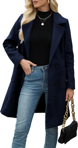 Vista 15 de Bankeng Chaqueta de solapa de doble botonadura con muesca para mujer, mezcla de lana de camello Verde Armada (ArmyGreen)