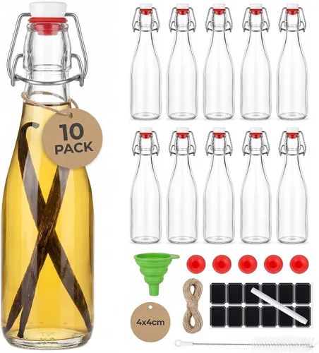 Vista 9 de Ruckae Paquete de 24 botellas de vidrio con tapa abatible de 4 onzas con tapas, botella de vidrio abatible de Kombucha Coquito para jarabe, extracto