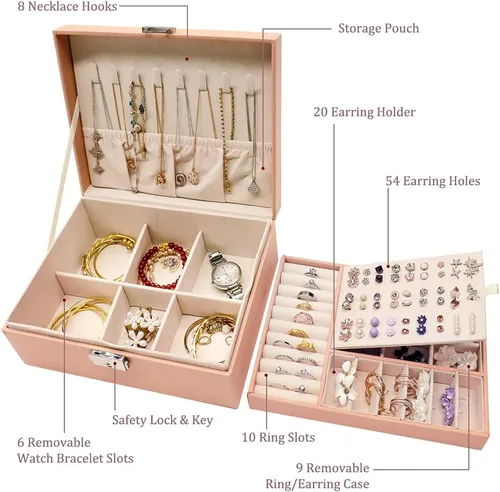 Vista 2 de MRMOSY Joyero para mujeres y niñas, Metal Cuero Cuero sintético Madera