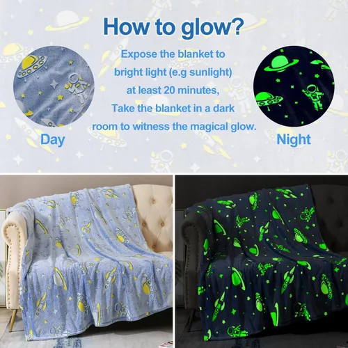 Vista 5 de Manta que brilla en la oscuridad con diseño espacial, regalos para niños - Manta de felpa suave con diseño de astronauta, cohete, planeta y estrella