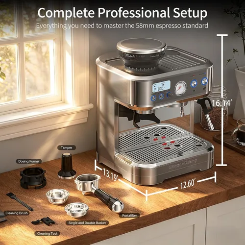 Vista 7 de URintells Cuising Máquina de café expreso con molinillo, cafetera todo en uno con control de temperatura PID y bomba italiana ULKA de 15 bares
