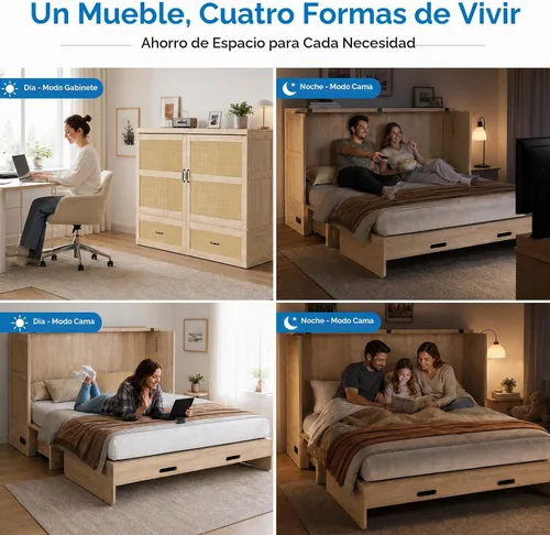 Vista 6 de Mjkone Murphy - Cama de gabinete con colchón plegable de tres piezas Madera natural