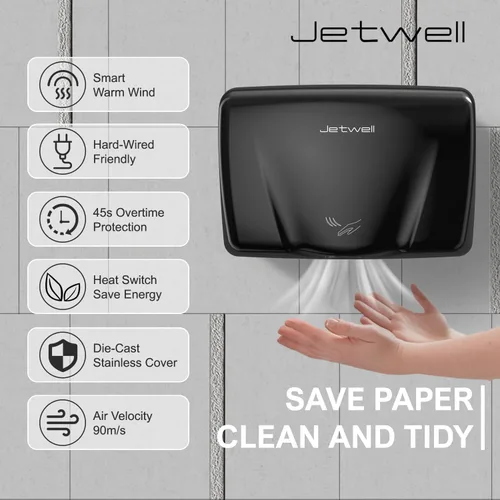 Vista 3 de JETWELL Secador de manos automático comercial de alta velocidad - Secador de manos de acero inoxidable resistente - Soplador de mano de viento cálido