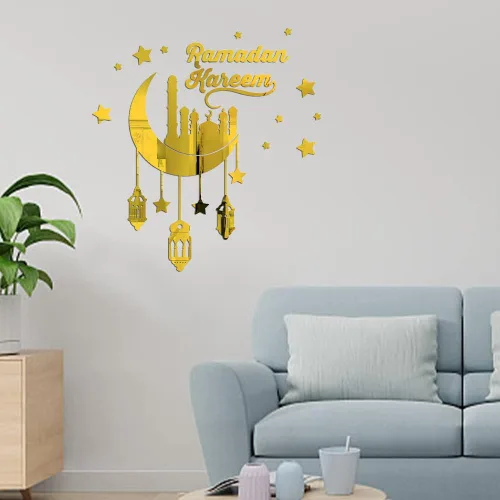 Vista 6 de ALIBBON Calcomanías de Ramadán Kareem, calcomanías doradas de farol de castillo de luna, decoraciones de pared de Eid Mubarak para el hogar