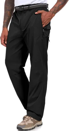 Vista 9 de NOUKOW Pantalones de senderismo para hombre, de secado rápido, ligeros, impermeables, elásticos, 6 bolsillos con cremallera y cinturón