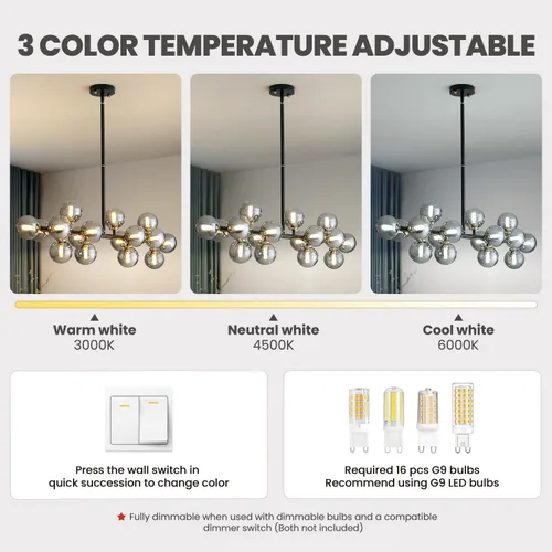 Vista 3 de 16 Luces Araña Moderna de Mediados de Siglo Negro Araña Lineal Accesorios de Iluminación Globo de Vidrio Luz Colgante Sputnik para Comedor Isla
