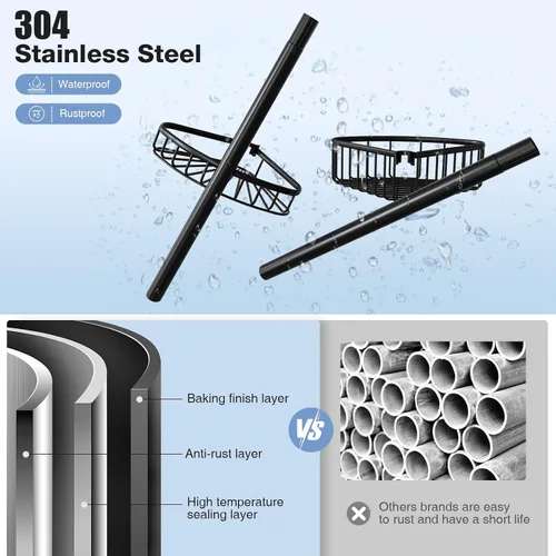 Vista 5 de Organizador de Ducha de Esquina con Barra de Tensión: Organizador de Ducha de 4 Niveles de Acero Inoxidable a Prueba de Óxido - Estantes de Baño