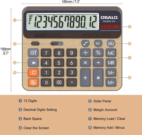 Vista 8 de Calculadora de escritorio y bolsa impermeable con cremallera de malla, batería de 12 dígitos, pantalla LCD con energía solar, calculadora de botón