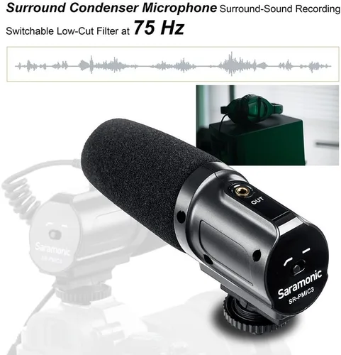 Vista 2 de Saramonic Micrófono de grabación envolvente SR-PMIC3 con montaje de choque integrado, filtro de corte bajo y funcionamiento sin batería para cámaras