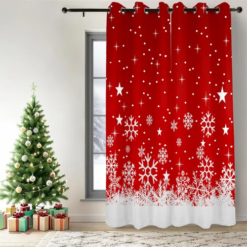 Vista 14 de Renaiss Cortinas opacas de Navidad con tablones de madera rústica para dormitorio, con ojales, estampado de copos de nieve navideños, cortinas