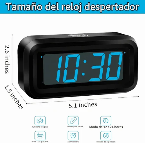 Vista 2 de KWANWA Reloj Despertador, Reloj Digital, Pantalla Constantemente de Dígitos LED Azules de 1.2'', Funciona con Baterías, Repetición, Reloj de Pared