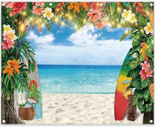 Vista 9 de Telón de fondo de fotografía de playa hawaiana de verano de 7 x 5 pies, flores tropicales, hojas de palma, fondo de tabla de surf, decoración