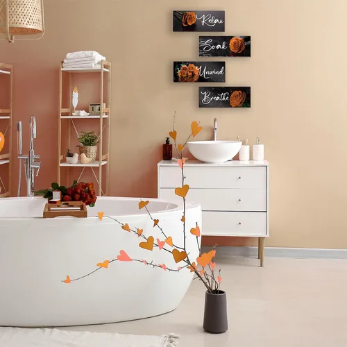 Vista 3 de ZINYAZHE 4 piezas de decoración de baño naranja, decoración de pared de rosas, accesorios de baño de madera naranja con arte de pared para Rosa