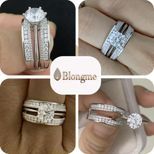 Vista 2 de Blongme Juegos de anillos de boda de catedral y clásicos para mujeres, plata esterlina 925, conjunto de anillos nupciales realzador, circonita