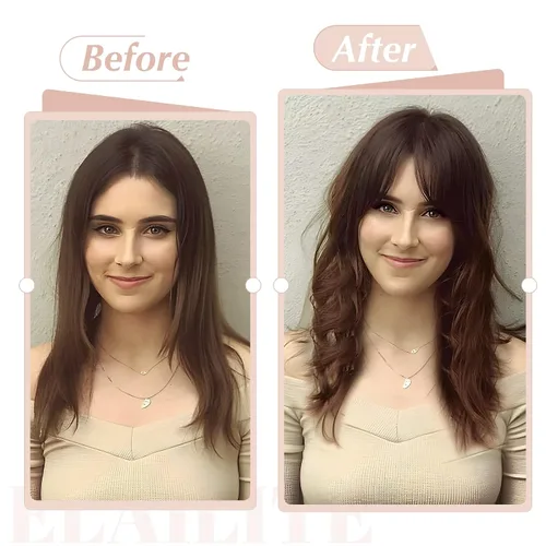 Vista 6 de Elailite Toppers para el cabello para mujeres con cabello ralo, topper de cabello humano real con flequillo, delgado, 5.1"x2.8" base de seda, Marrón