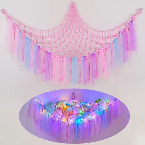 Vista 16 de FIOBEE Red de Animales de Peluche o Hamaca con Luz LED, Hamaca de Juguetes Colgante Organizador de Almacenamiento Soporte para Animales de Peluche