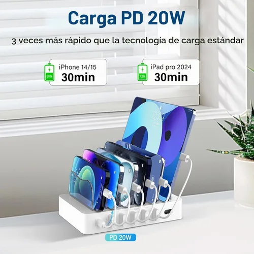 Vista 2 de Estación de carga para múltiples dispositivos, 68 W, 6 puertos, 20 W, cargador rápido de teléfono con 6 cables, compatible con Apple celular, iPad