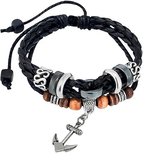Vista 35 de Suyi brazalete ajustable con varias capas, de cuero tejido trenzado con cruz. Pulsera tipo esclava.