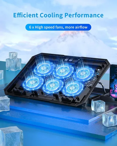 Vista 2 de AICHESON Almohadilla de enfriamiento para laptop de 12 a 15.6 pulgadas, 6 ventiladores más fríos con luces azules, soporte de enfriamiento