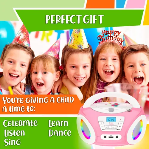 Vista 6 de TinyGeeks Tunes Kids Boombox Reproductor de CD para Niños - Radio FM - Incluye Baterías - Radio Rosa - Reproductor de CD con Altavoces para Niños