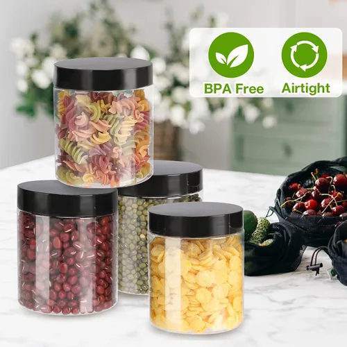 Vista 4 de Mfacoy Paquete de 6 tarros de plástico con tapas, contenedor de almacenamiento transparente de 8 onzas, tarros de plástico a prueba de fugas