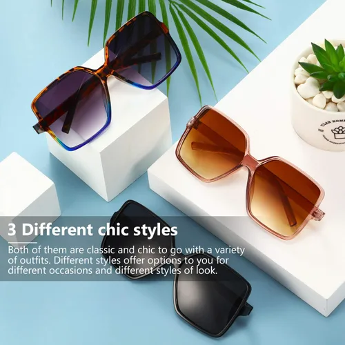 Vista 5 de 3 pares de gafas de sol cuadradas de gran tamaño para mujer, grandes y anchas, vintage