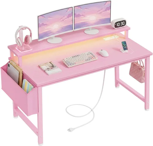 Vista 14 de Lufeiya Escritorio pequeño con tomas de corriente y luces LED, mesa de estudio de escritura para adolescentes de 32 pulgadas, escritorio para Negro