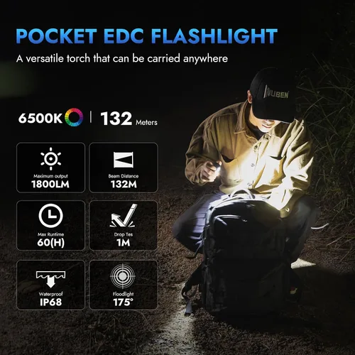 Vista 2 de WUBEN E7 Mini Linternas Recargables de 1800 Lúmenes con Imán - Linterna EDC Súper Brillante de 6 Modos, LED Recargable USB-C; Linterna de Bolsillo