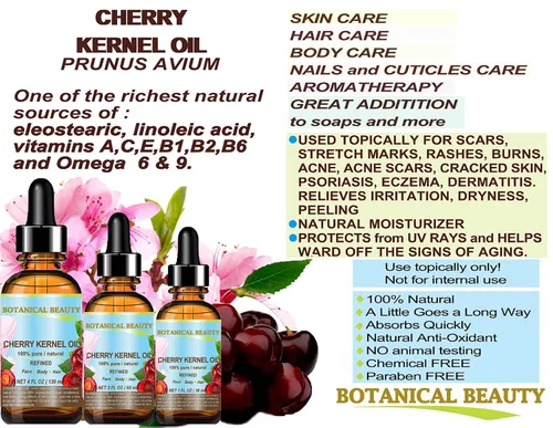 Vista 2 de Botanical Beauty Aceite de cereza. Aceite portador prensado en frío 100% puro/natural/refinado/sin diluir para cara, cuerpo, pies, cabello, masaje
