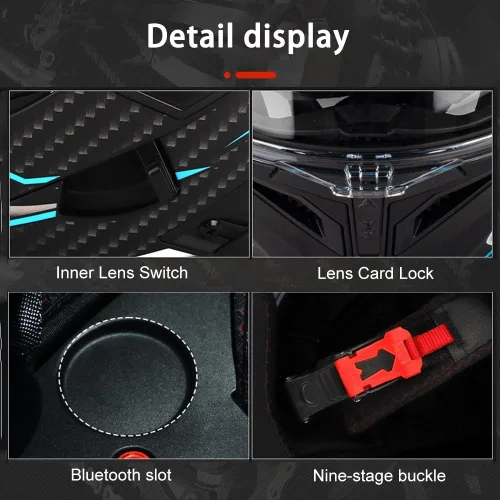 Vista 7 de Casco Modular de Motocicleta Bluetooth, Aprobado por DOT, Casco de Motocicleta de Cara Completa Abatible con Doble Visera, Casco Antivaho